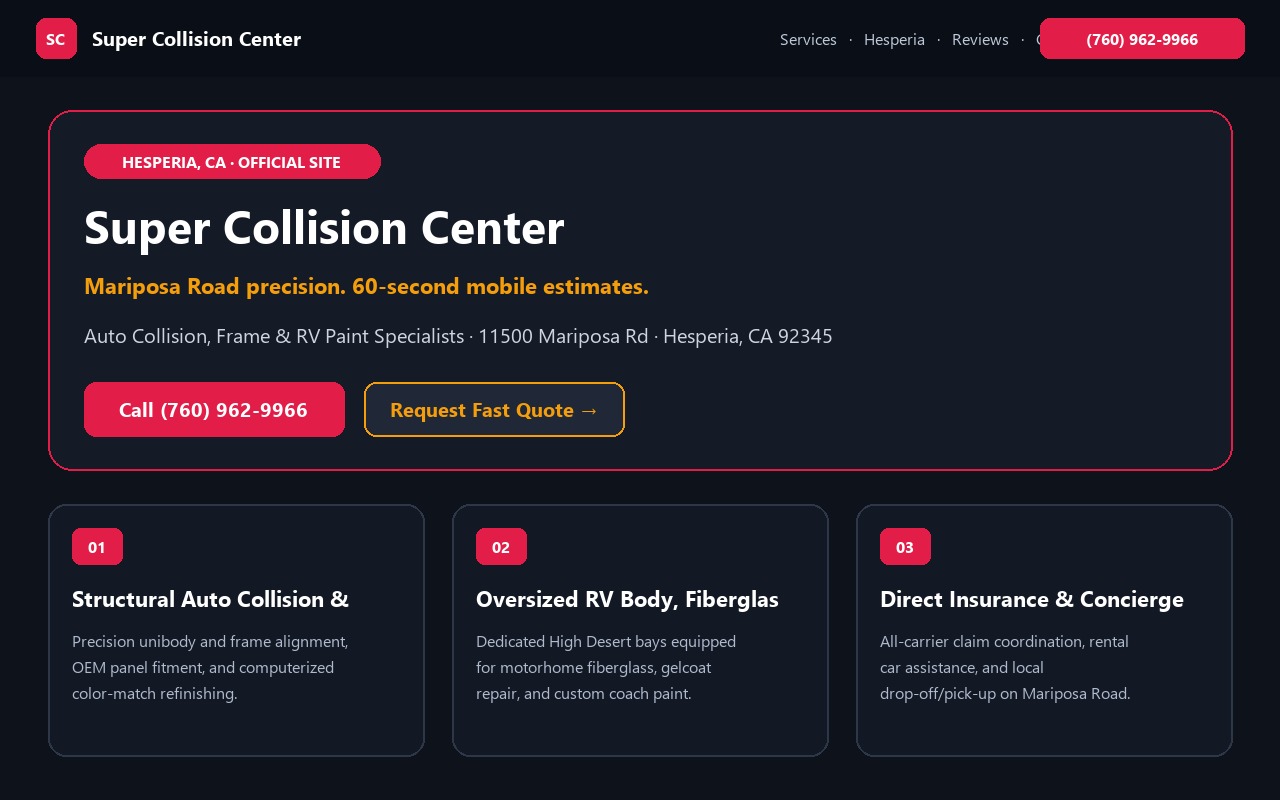 Proposed Super Collision Center homepage preview